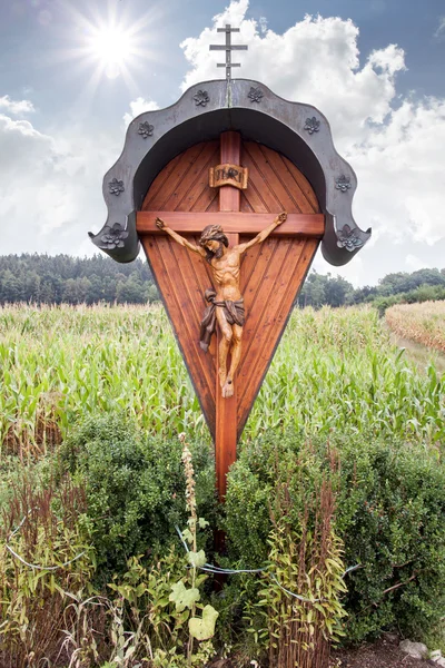 A wooden wayside Cross - wayside cross in Rehling and Aindling in Bavaria - German — Stock Photo, Image