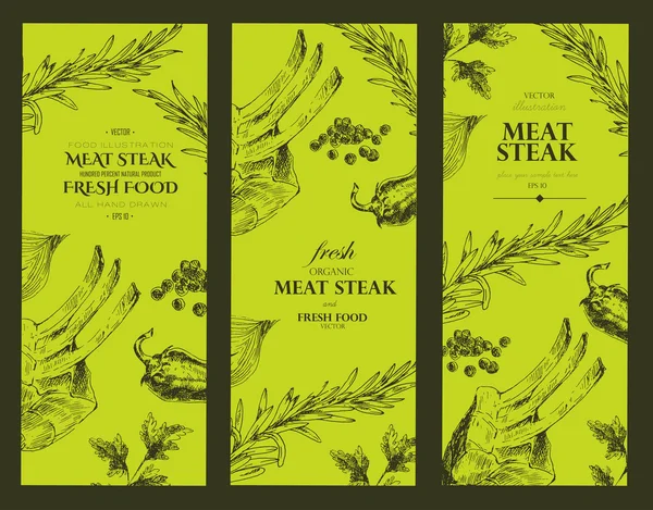 Vector vlees biefstuk schets tekening ontwerper menusjabloon. banner voedsel handgetekende decor voor huisstijl — Stockvector