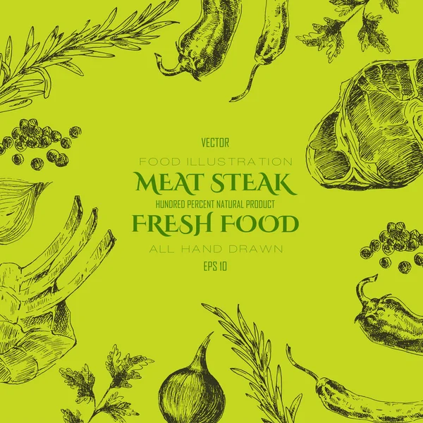 vektör eti biftek kroki çizim tasarım şablonu. kurumsal kimlik için gıda çizilmiş zemin