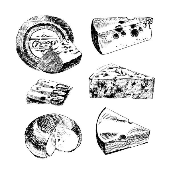Διάνυσμα τυρί σκίτσο σχεδίασης σχεδιαστής πρότυπο. συλλογή τροφίμων αγρόκτημα. χέρι συντάσσονται γαλακτοκομικό προϊόν — Διανυσματικό Αρχείο