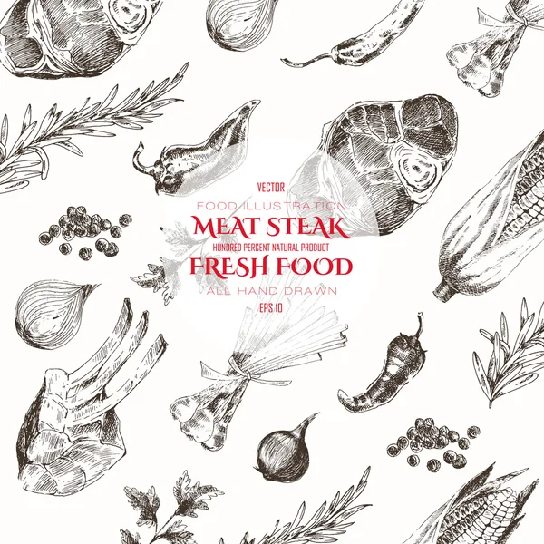 Carne vetorial bife esboço desenho modelo de designer. fundo desenhado à mão de alimentos para identidade corporativa Vetor De Stock