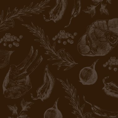 vektör eti biftek kroki çizim tasarım şablonu. Gıda el kurumsal kimlik için çizilmiş zemin