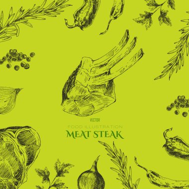 vektör eti biftek kroki çizim tasarım şablonu. kurumsal kimlik için gıda çizilmiş zemin