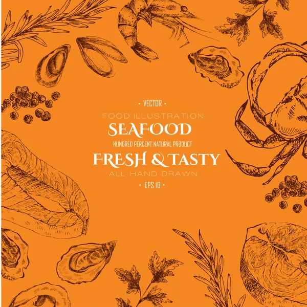 Vector zeevruchten Designer sjabloon set-garnalen, krab, kreeft, zalm, oester, Mossel. mediterrane keuken zee voedsel schets — Stockvector