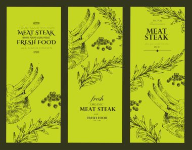 vektör eti biftek kroki çizim tasarım şablonu. kurumsal kimlik için gıda çizilmiş zemin