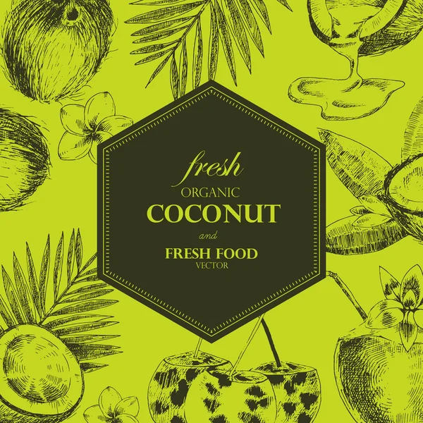 El çizilmiş hindistan cevizi tasarım şablonu. Retro çizim tarzı vektör tropikal gıda illüstrasyon.