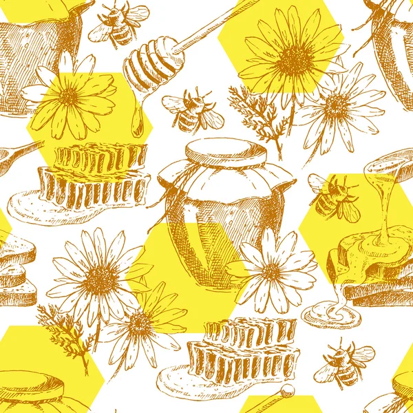 矢量蜂蜜无缝模式。手绘罐，勺子，棍子，细胞，甘菊。有机天然产品的油墨素描 — 图库矢量图片