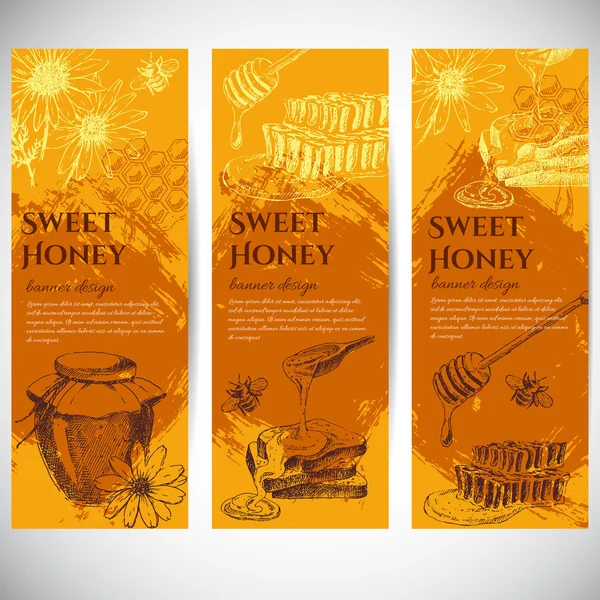 vektör bal afiş tasarımı. el çizilmiş kavanoz, kaşık, sopa, hücreler, papatya. organik doğa ürünlerinin mürekkep krokisi