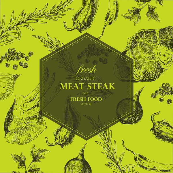Vector vlees biefstuk schets tekening ontwerper sjabloon. voedsel handgetekende decor voor huisstijl — Stockvector