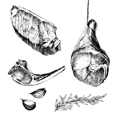 vektör et biftek çizim tasarımcı şablonu çizim. kuzu kaburga, parma jambon, sığır filetosu