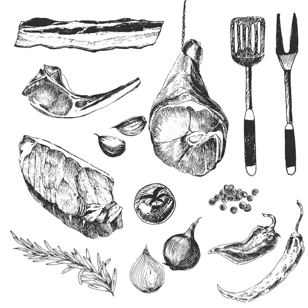 Vektor Fleisch Steak Skizze Zeichnung Designer-Vorlage. Lammrippchen vom Grill, Parmaschinken, Roastbeef, Speck — Stockvektor