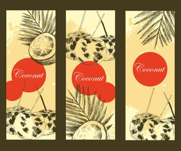 Modelo de banner de design de coco desenhado à mão. Desenho retrô estilo vetor comida tropical ilustração . Ilustrações De Stock Royalty-Free