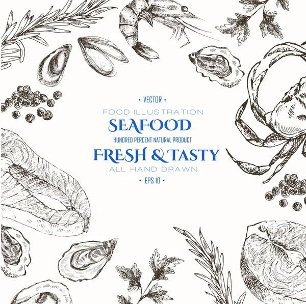 Vector zeevruchten Designer sjabloon set-garnalen, krab, kreeft, zalm, oester, Mossel. mediterrane keuken zee voedsel schets — Stockvector