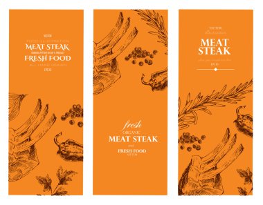 vektör et biftek çizim tasarımcı şablonu çizim. kurumsal kimlik için afiş gıda elle çizilmiş zemin