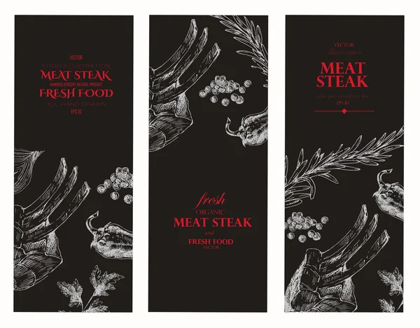 Vector meat steak sketch drawing designer template. food hand-drawn backdrop for corporate identity Royalty Free Stock Vectors