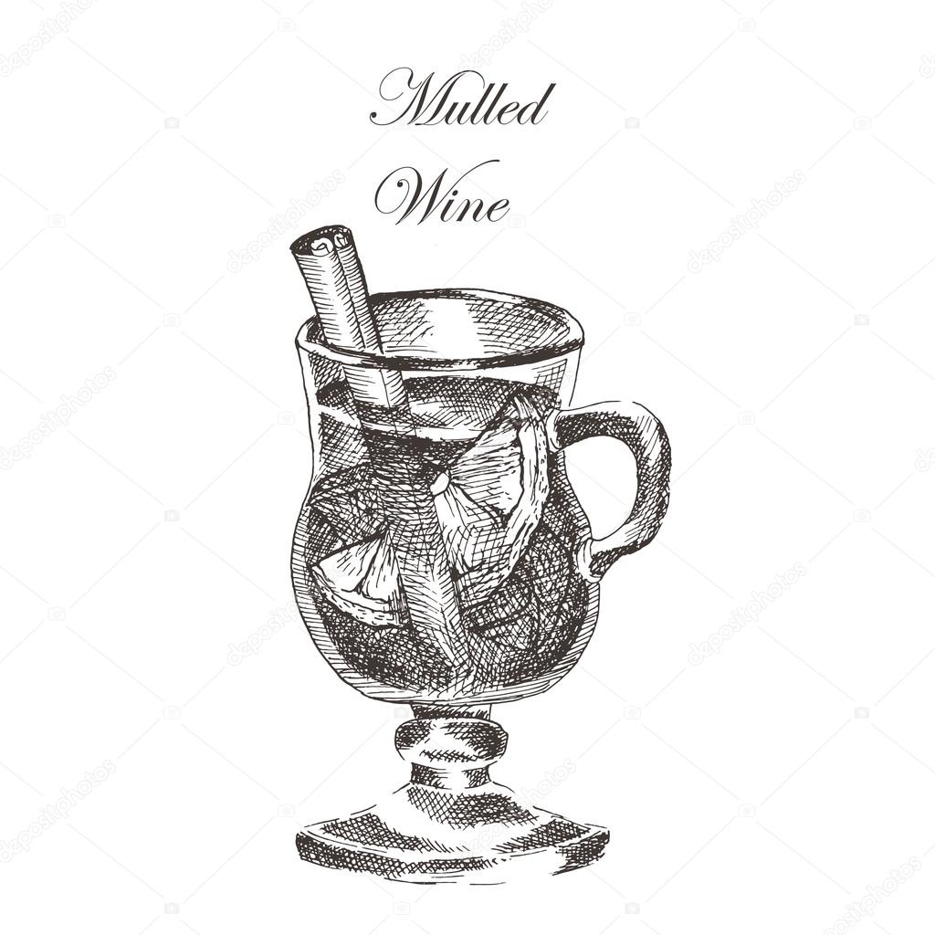 vector hand drawn ink sketch of mulled wine, cinnamon, anise. detailed food drawing for autumn illustration