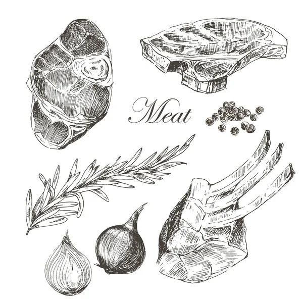 Disegno a mano di carne di bistecca vettore con pepe e rosmarino. illustrazione dettagliata del cibo inchiostro — Vettoriale Stock