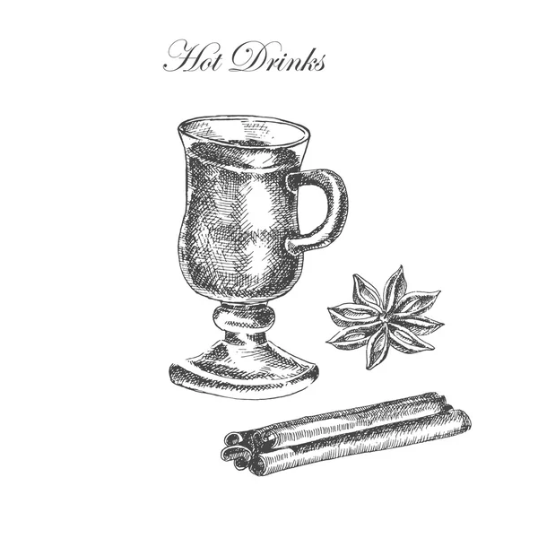 Schizzo di inchiostro disegnato a mano vettoriale di vin brulè, cannella, anice. disegno cibo dettagliato per illustrazione autunno — Vettoriale Stock