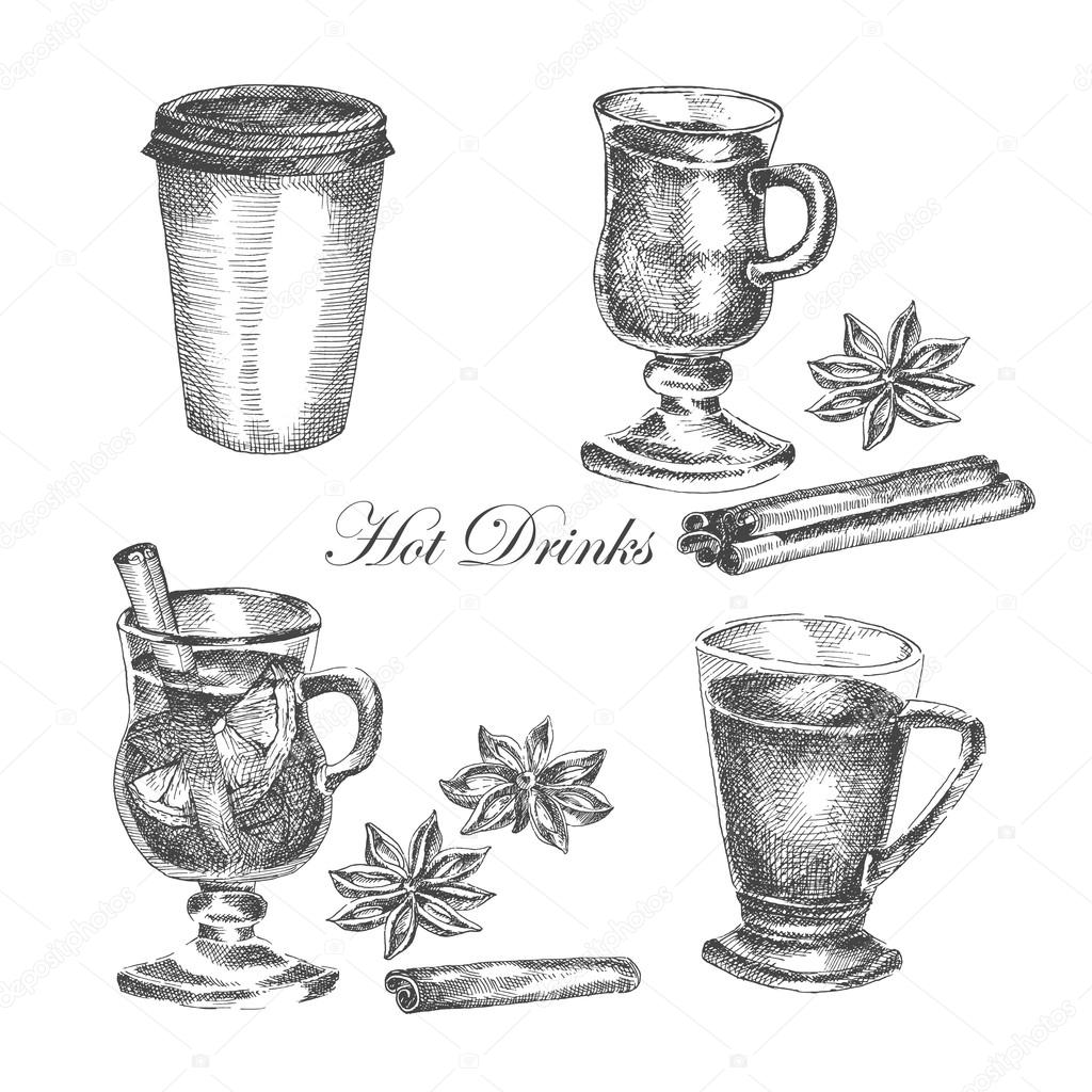 vector hand drawn ink sketch of mulled wine, cinnamon, anise. detailed food drawing for autumn illustration
