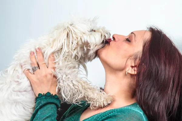 Bir kadın öpüşme Bichon köpek