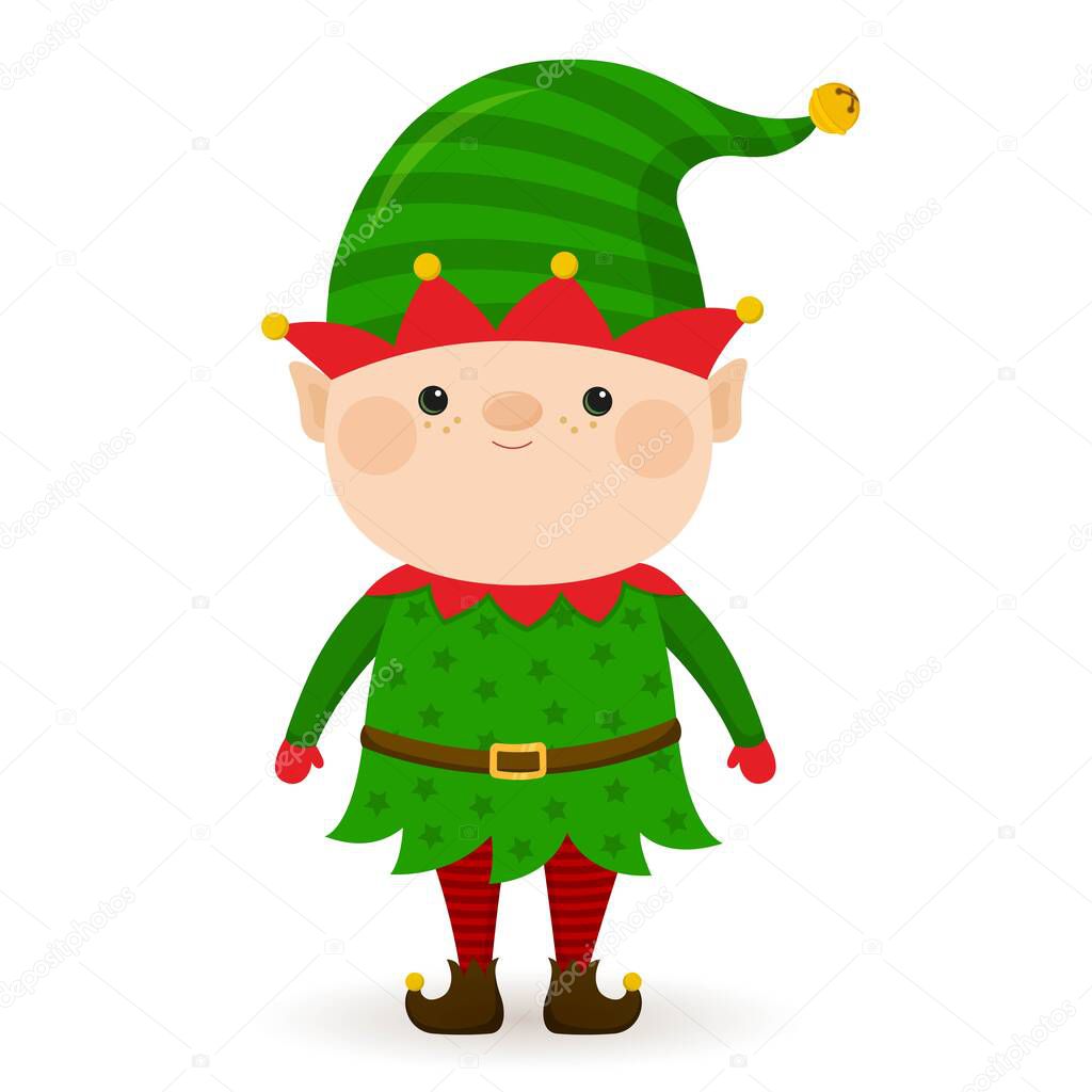 Little cartoon vector christmas elf. Santa's helper. Cute illustration. Merry Christmas. Funny festive character. Isolated on white. For postcards, invitations, flyers.