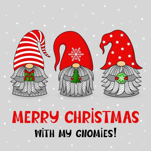 Postkarte Mit Drei Cartoon Weihnachtsgnomien Vektorfiguren Mit Bärten Feiertags Und — Stockvektor