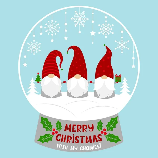 Bola Nieve Con Gnomos Frase Feliz Navidad Personajes Vectoriales Dibujos — Vector de stock