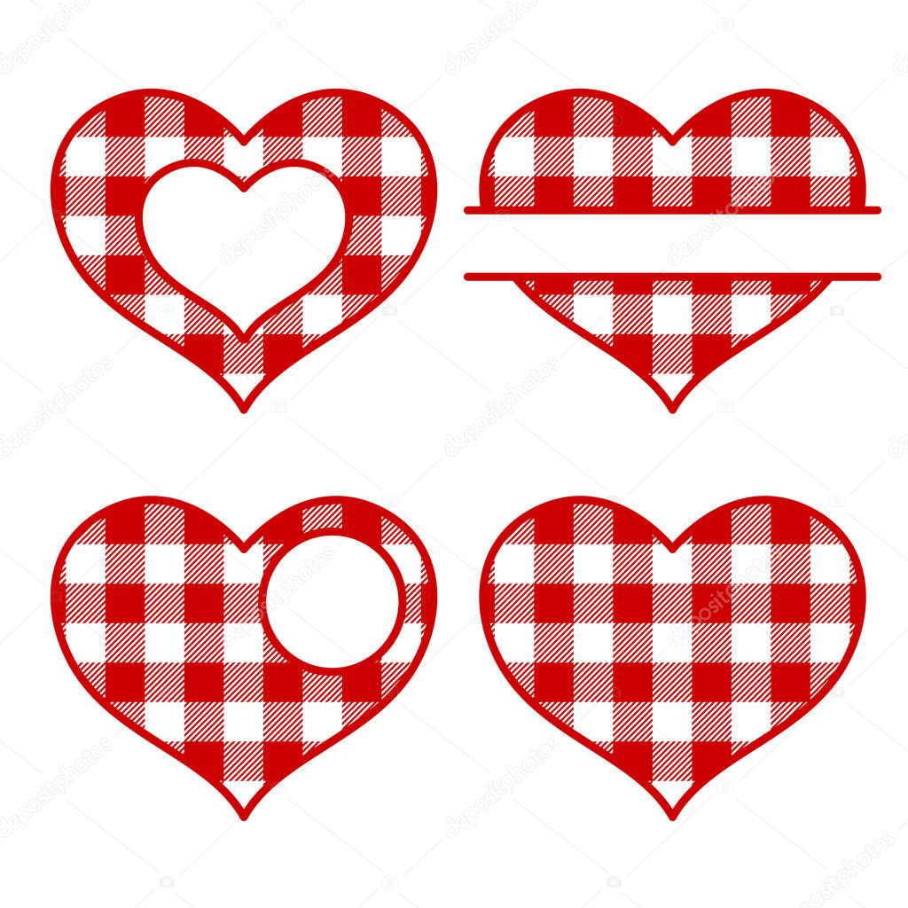 Plaid heart split vector monogram. Frame. Paper or laser cut template. Valentine card, wedding invitation. For names, your text. Decorative symbol of the holiday. Plotter cutting, T-shirt printing.