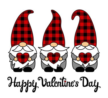 Happy Valentines Day vector card. Plaid gnomes with hearts. Cartoon style. Cute Illustration. Isolated on white background. For paper cutting, printing on T-shirt, sublimation. Handwritten text. clipart