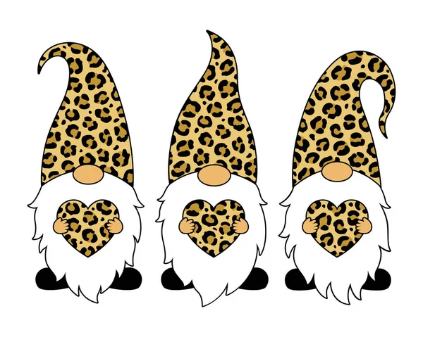 Leopardí Gnómové Srdcem Veselé Valentýnské Vektorové Přání Kreslený Styl Ilustrace — Stockový vektor