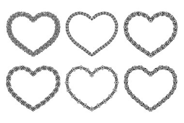 Çiçekli kalp çerçeveleri seti. Yaprak ve çiçek çelenkleri. Doodle tarzı. Sevgililer ve Anneler Günü için, Düğün Kutlaması. Kağıt kesiği şablon, siyah siluetler. Beyazda izole edilmiş.