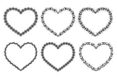 Çiçekli kalp çerçeveleri seti. Yaprak ve çiçek çelenkleri. Doodle tarzı. Sevgililer ve Anneler Günü için, Düğün Kutlaması. Kağıt kesiği şablon, siyah siluetler. Beyazda izole edilmiş.