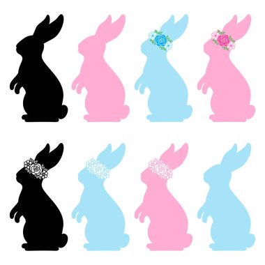 Paskalya Tavşanı. Vektör silueti. Çiçekli çelenkli bir tavşan. Kağıt, odun, süblimleşme kesimi için. Çiçekli şirin bir şenlik karakteri. Tatil sembolü. Beyaz arkaplanda izole.