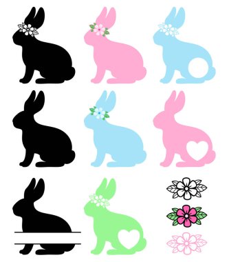 Paskalya Tavşanı. Vektör silueti. Tavşan başlığı. Çiçek çelengi. Kağıt, lazer kesiği, süblimleşme için. Çiçekli şirin bir şenlik karakteri. Tatil sembolü. Beyaz arkaplanda izole.