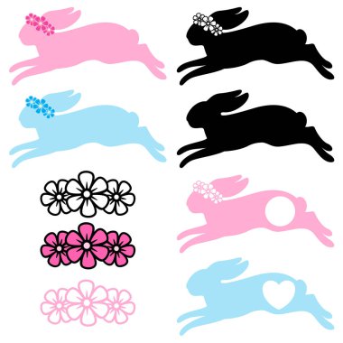 Paskalya Tavşanı. Vektör silueti. Tavşan başlığı. Çiçek çelengi. Kağıt, lazer kesiği, süblimleşme için. Çiçekli şirin bir şenlik karakteri. Tatil sembolü. Beyaz arkaplanda izole.