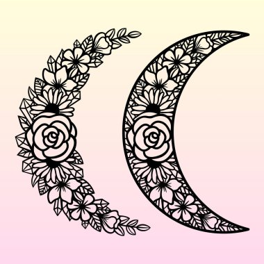 Çiçekli vektör hilal ay. Boho tarzında dekoratif çizim. El çizimi etnik sembol. Kağıt ve lazer kesimi, tişört ve fincanlar için. Tasarımınız için siyah mistik element.