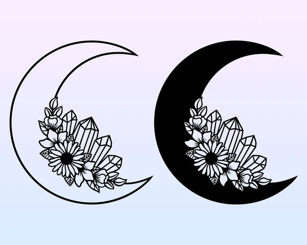 Vector Crescent Moon Flowers Decorative Illustration Boho Style Hand Drawn — Stock Vector