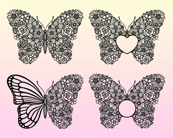 Квітковий Метелик Векторний Набір Розділити Монограму Тексту Силует Комах Шаблон — стоковий вектор