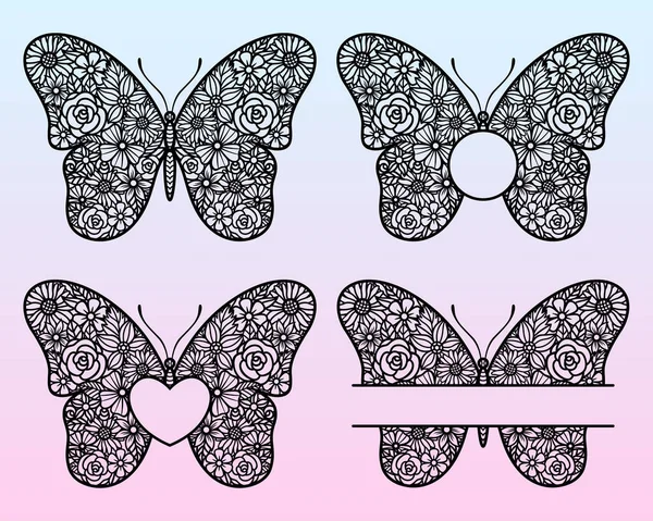 Mariposa Floral Conjunto Vectores Dividir Monograma Para Texto Silueta Insectos — Vector de stock