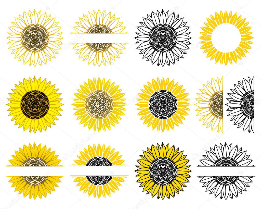 Set of sunflower. Split monogram. Vector paper cut template. Sunflower mandala. Flower silhouettes. Isolated on white background. Decorative symboll for card,printing on t-shirt,mug. For your text.