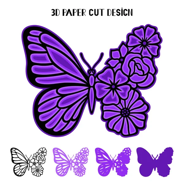 Mariposa Con Flores Plantilla Capas Vectoriales Para Corte Por Láser — Vector de stock