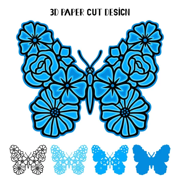 带花朵的3D蝴蝶 矢量分层模板用于激光和剪纸 打印在T恤衫上 昆虫的轮廓 平坦的风格 手绘装饰元素为您的设计 — 图库矢量图片