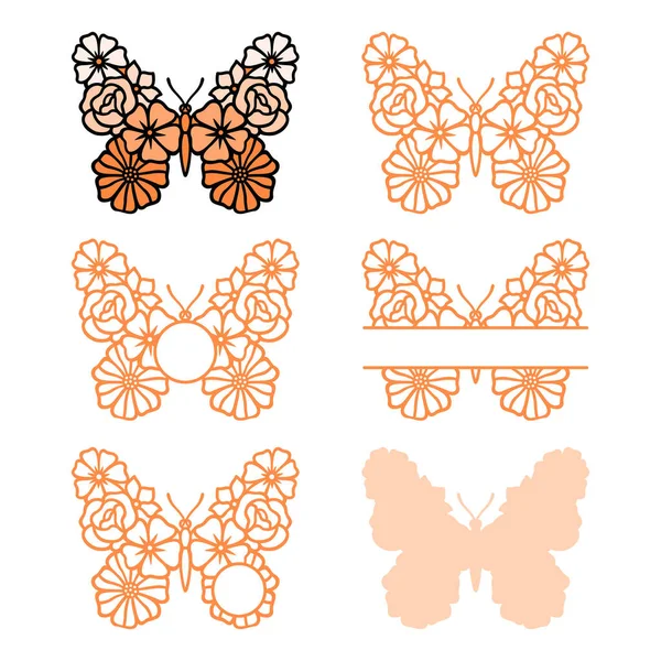Blume Schmetterling Monogramm Vektorinsektensilhouette Vorlage Für Laser Papierschneiden Druck Auf — Stockvektor