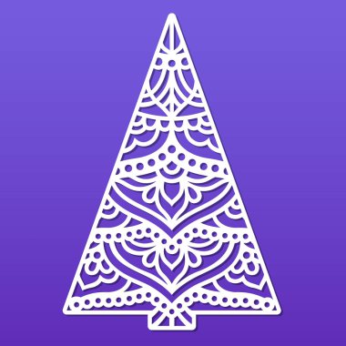 Noel vektörü mandala ağacı. Lazer şablonu, kağıt kesme. Dekoratif çizim. Kağıtlar, el ilanları, baskılar için siluet. Kış tatili için modern tasarım. Ev dekorasyonu.
