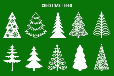 Noel ağacı silueti. Lazer için vektör ayarlandı, kağıt kesimi. Dekoratif çizim. Kartlar için ağaçlar, el ilanları, baskılar. Kış tatili için modern tasarım. Ev dekorasyonu.