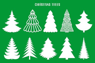 Noel ağacı silueti. Lazer için vektör ayarlandı, kağıt kesimi. Dekoratif çizim. Kartlar için ağaçlar, el ilanları, baskılar. Kış tatili için modern tasarım. Ev dekorasyonu.