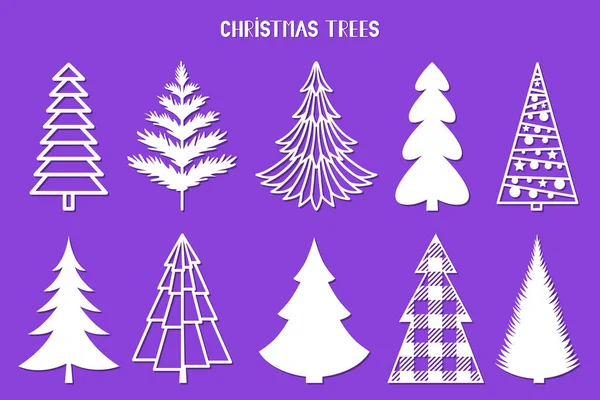Noel ağacı silueti. Lazer için vektör ayarlandı, kağıt kesimi. Dekoratif çizim. Kartlar için ağaçlar, el ilanları, baskılar. Kış tatili için modern tasarım. Ev dekorasyonu.