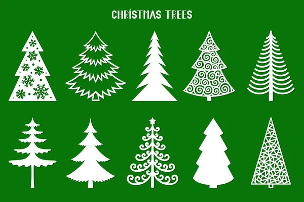 Noel ağacı silueti. Lazer için vektör ayarlandı, kağıt kesimi. Dekoratif çizim. Kartlar için ağaçlar, el ilanları, baskılar. Kış tatili için modern tasarım. Ev dekorasyonu.