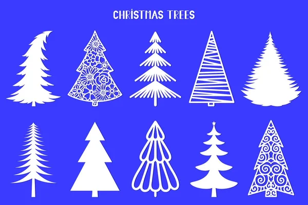 Noel ağacı silueti. Lazer için vektör ayarlandı, kağıt kesimi. Dekoratif çizim. Kartlar için ağaçlar, el ilanları, baskılar. Kış tatili için modern tasarım. Ev dekorasyonu.