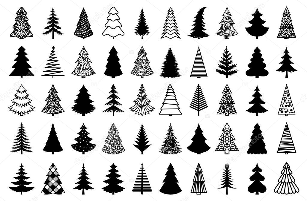 Christmas tree black silhouette. Vector set template for laser, paper cutting. Decorative ornate illustration. Trees for cards, flyers, print. Modern design for winter holidays. Home decoration.